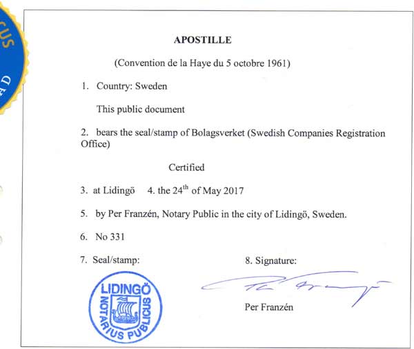 Apostilla y legalización consular de documentos en Suecia
