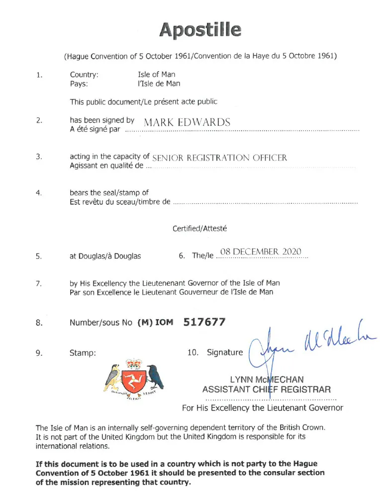 Apostilla y legalización consular de documentos en la Isla de Man