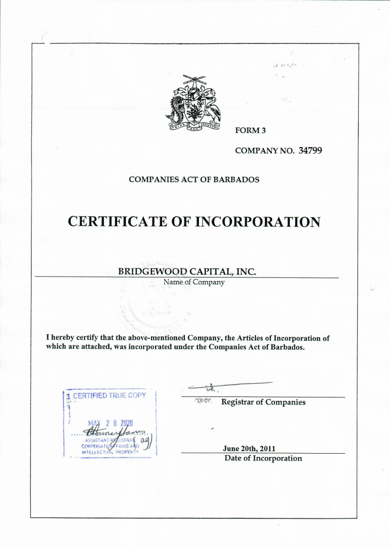 Certificate of incorporation from Barbados