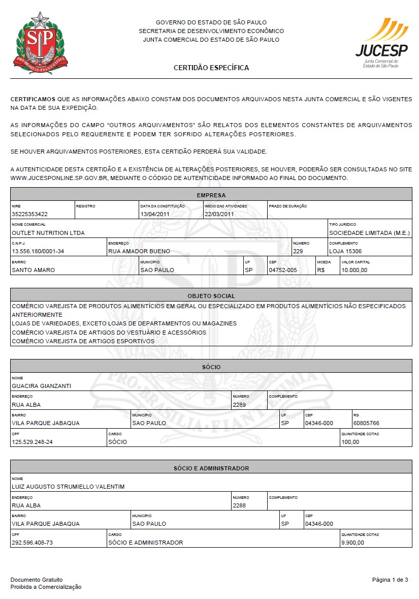 Current extract from commercial register of Brazil