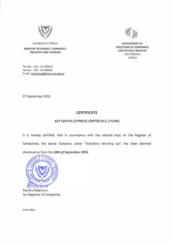 Certificate of Dissolution from commercial register of Cyprus with Apostille