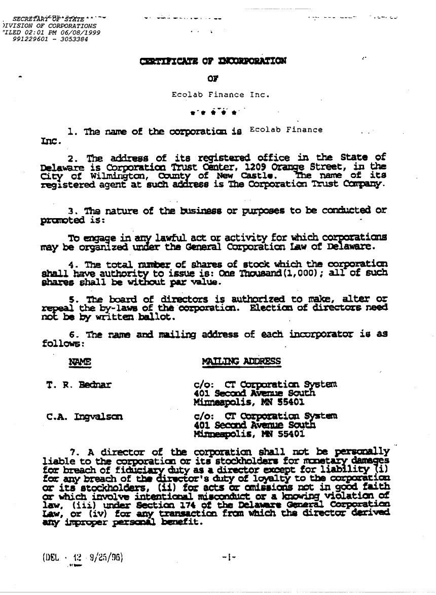 Certificate of Incorporation from Delawareр