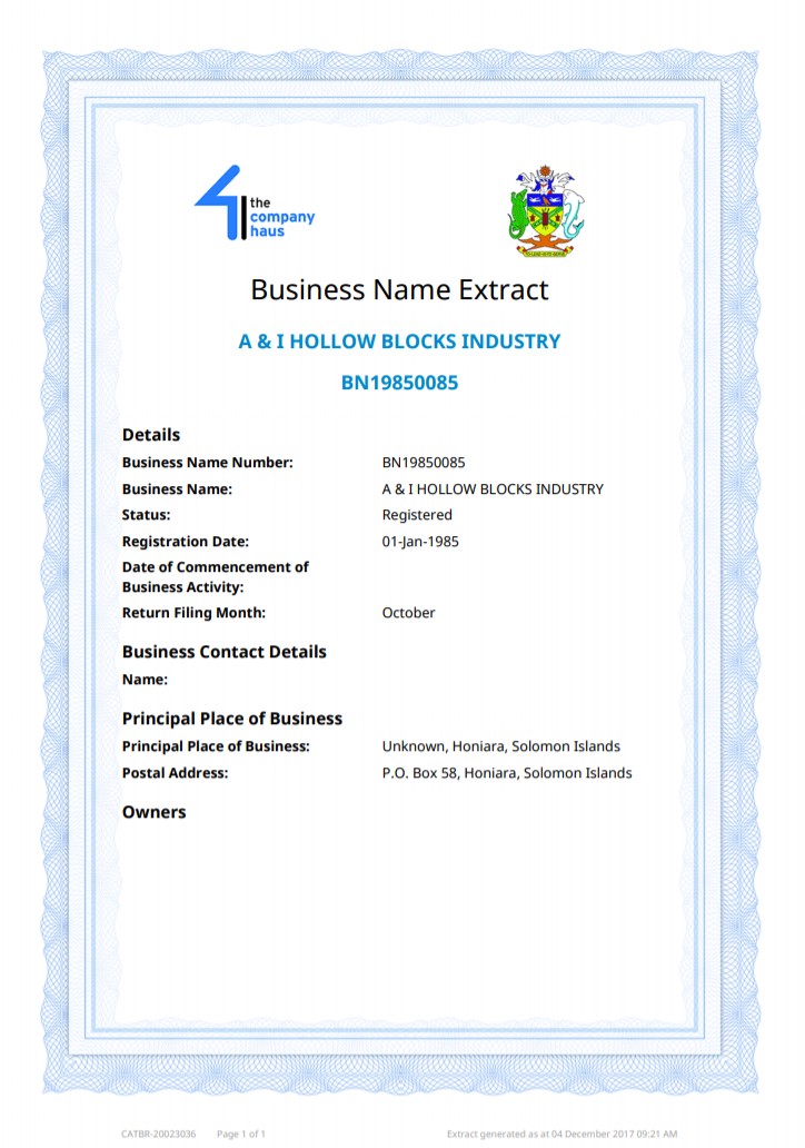 Current extract from the commercial register of Solomon Islands