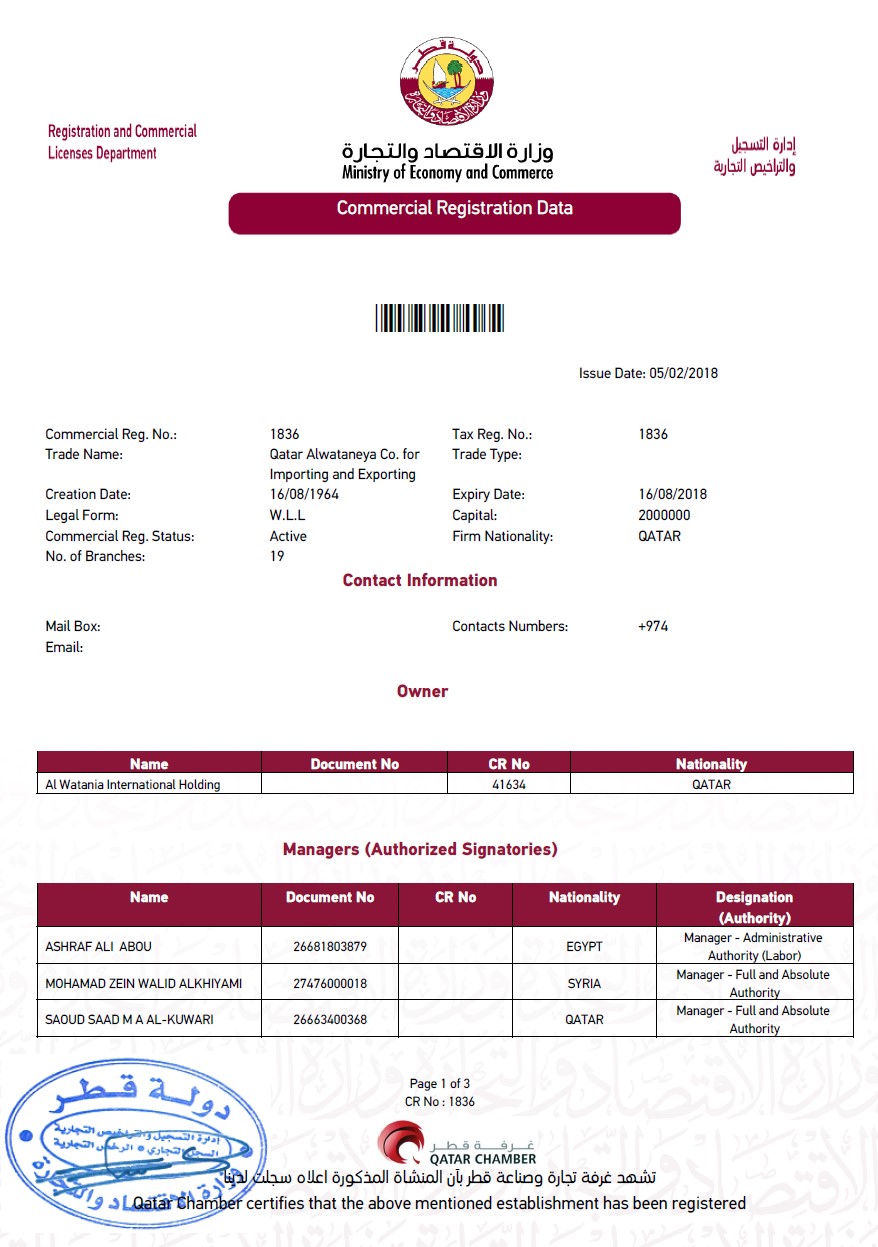 Certified extract from commercial register of Qatar