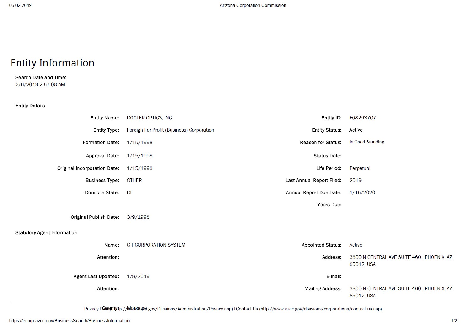 Current extract from commercial register of Arizona