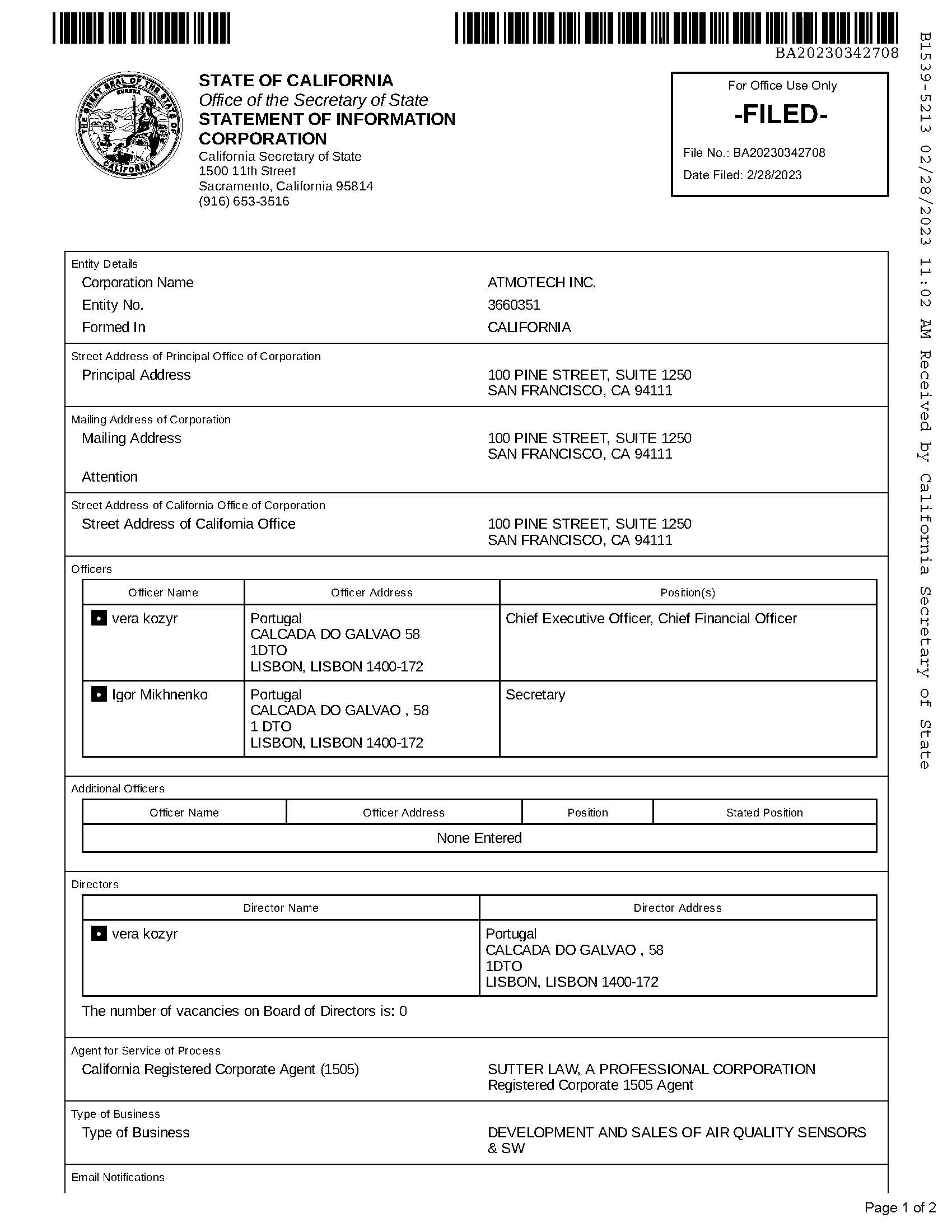 Current extract from commercial register of California