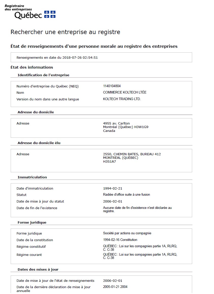 Current extract from the commercial register of Canda (Quebec)