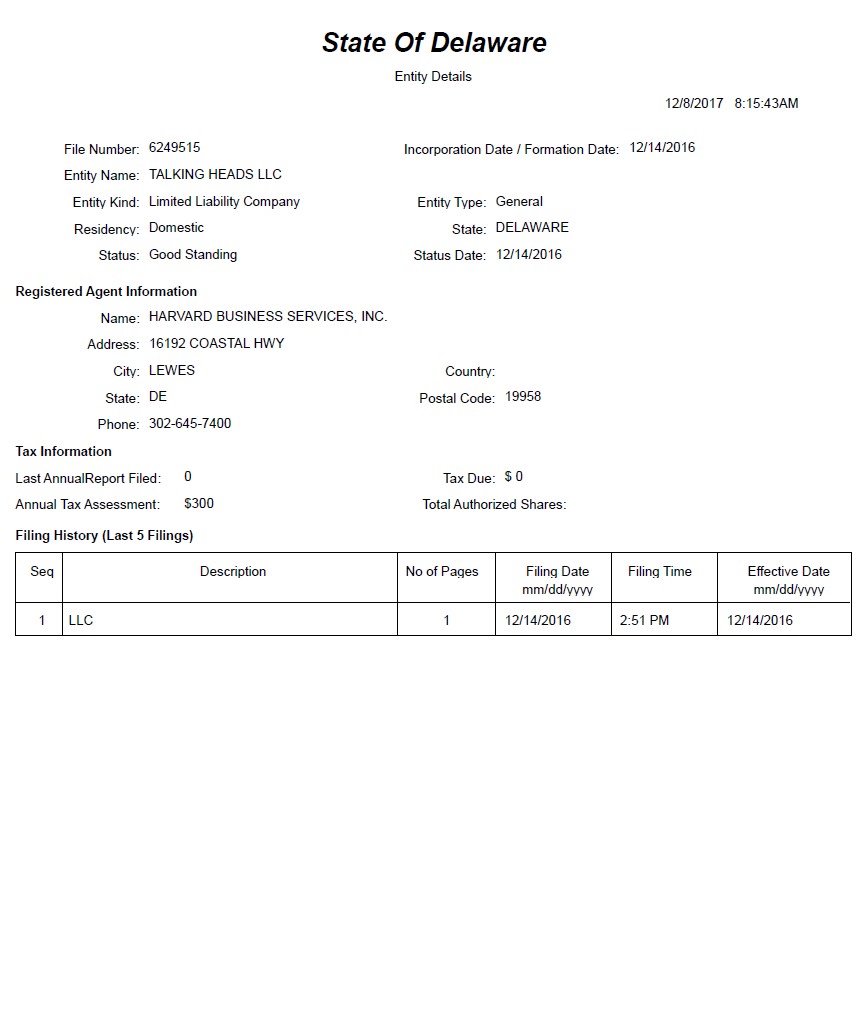 Historical extract from commercial register of Delaware