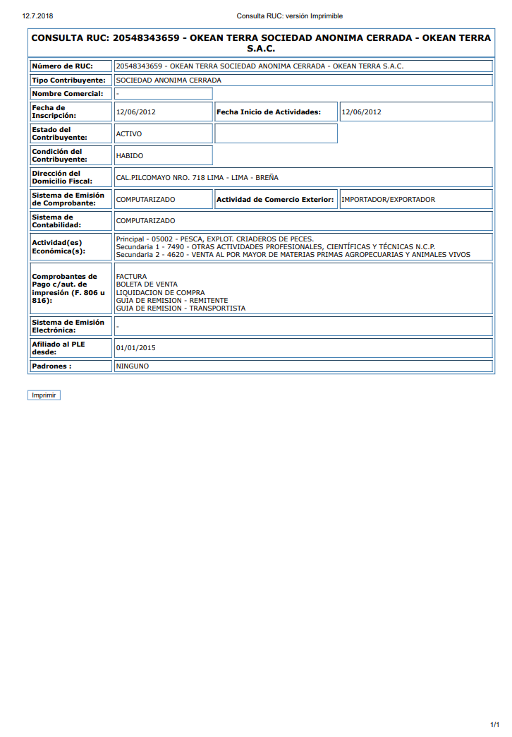 Current extract from the commercial register of Peru