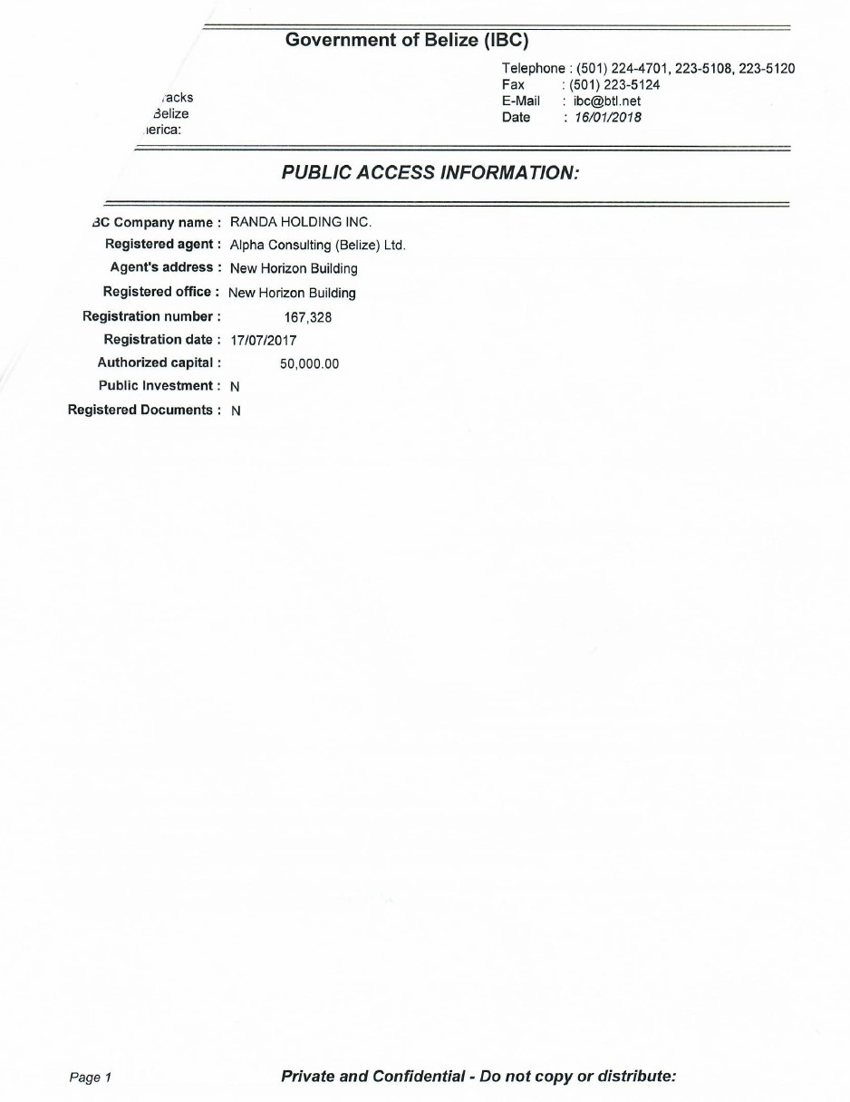 Extract from commercial register of Belize with Apostille