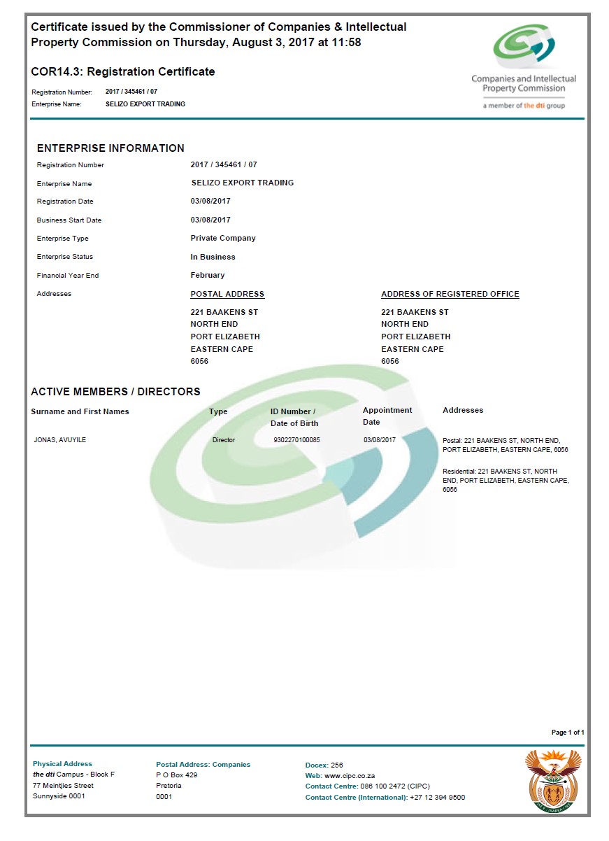 Current extract from commercial register of South Africa