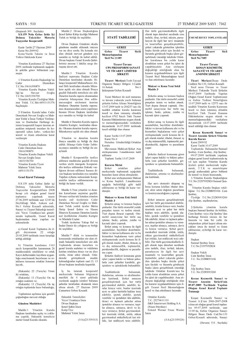 Extract from Turkish Trade Registry Gazette