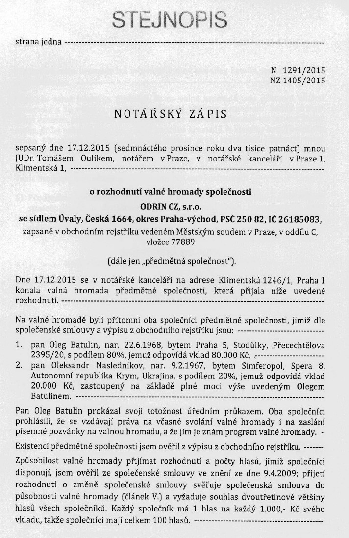 Company’s charter from commercial register of Czech Republic