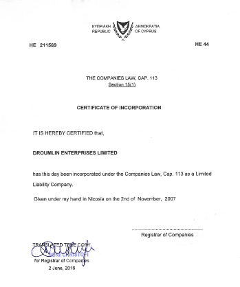 Certificate of Incorporation from commercial register of Cyprus