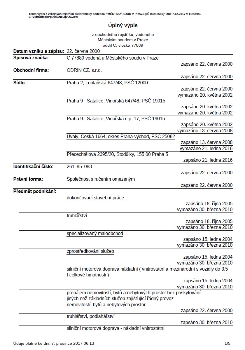 Historical extract from commercial register of Czech Republic