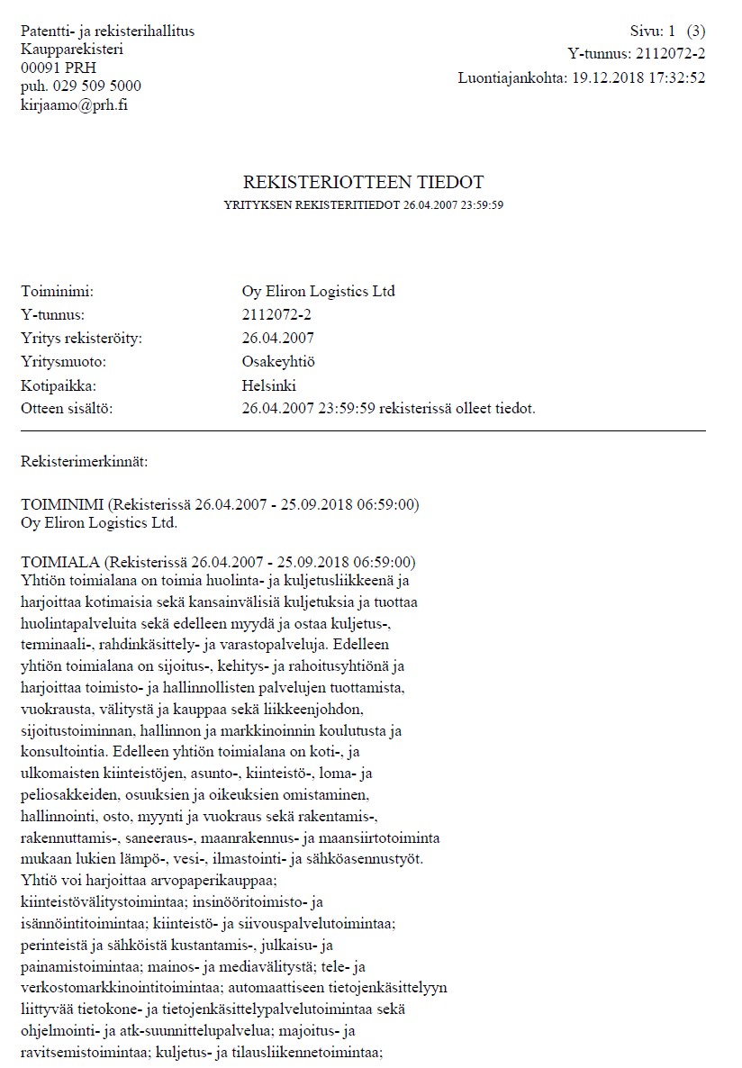 Historical extract from commercial register of Finland