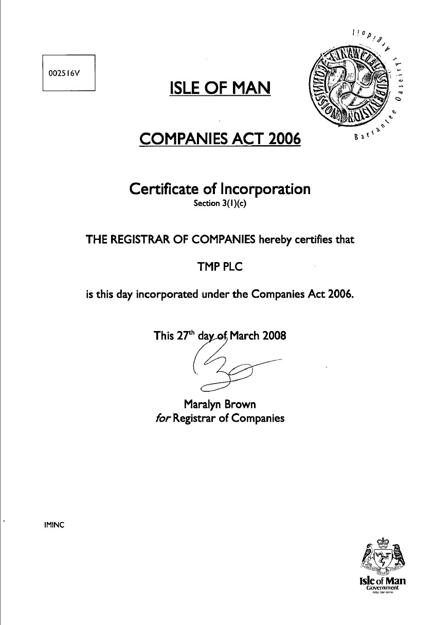Certificate of Incorporation from commercial register of Isle of Man